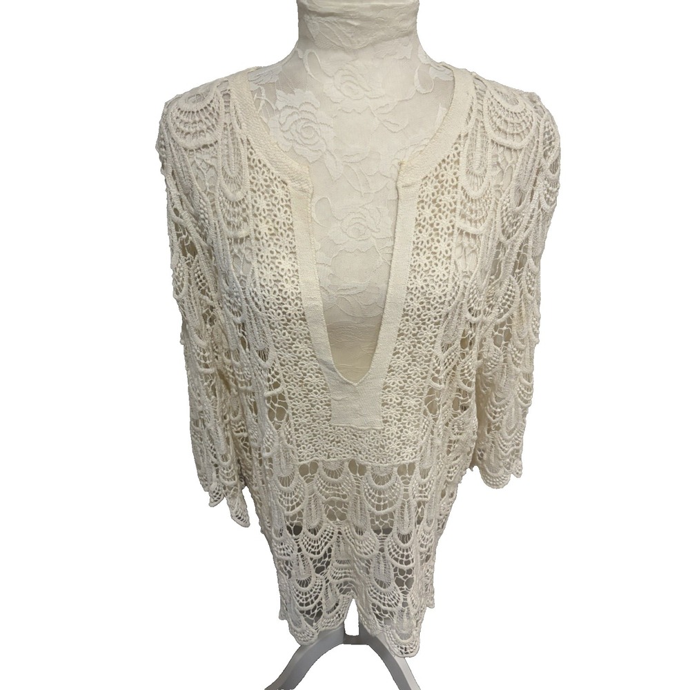 Brittany Black ~White V Neck Crocheted  Tunic~XL~ 100% Cotton Cottage Coastal
